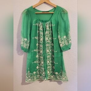 Hazel Green & White Crochet Embroidered Boho Mini Dress Size XS Small